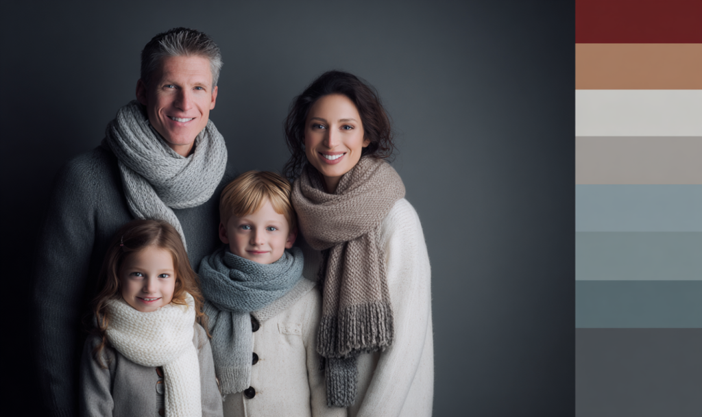 Family posing in a studio wearing cozy winter outfits and scarves in neutral tones, styled for a seasonal portrait.